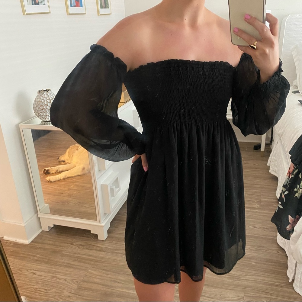 Black dress with off the shoulder sheer sleeves